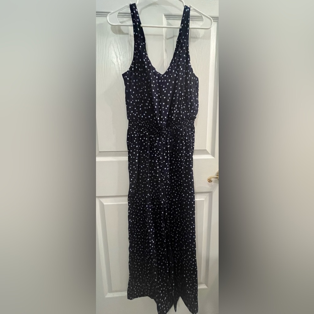 NWT Loft Navy Blue Polka Dot Smocked Wide Legs Jumpsuit with Pockets Size 2 - Picture 6 of 15